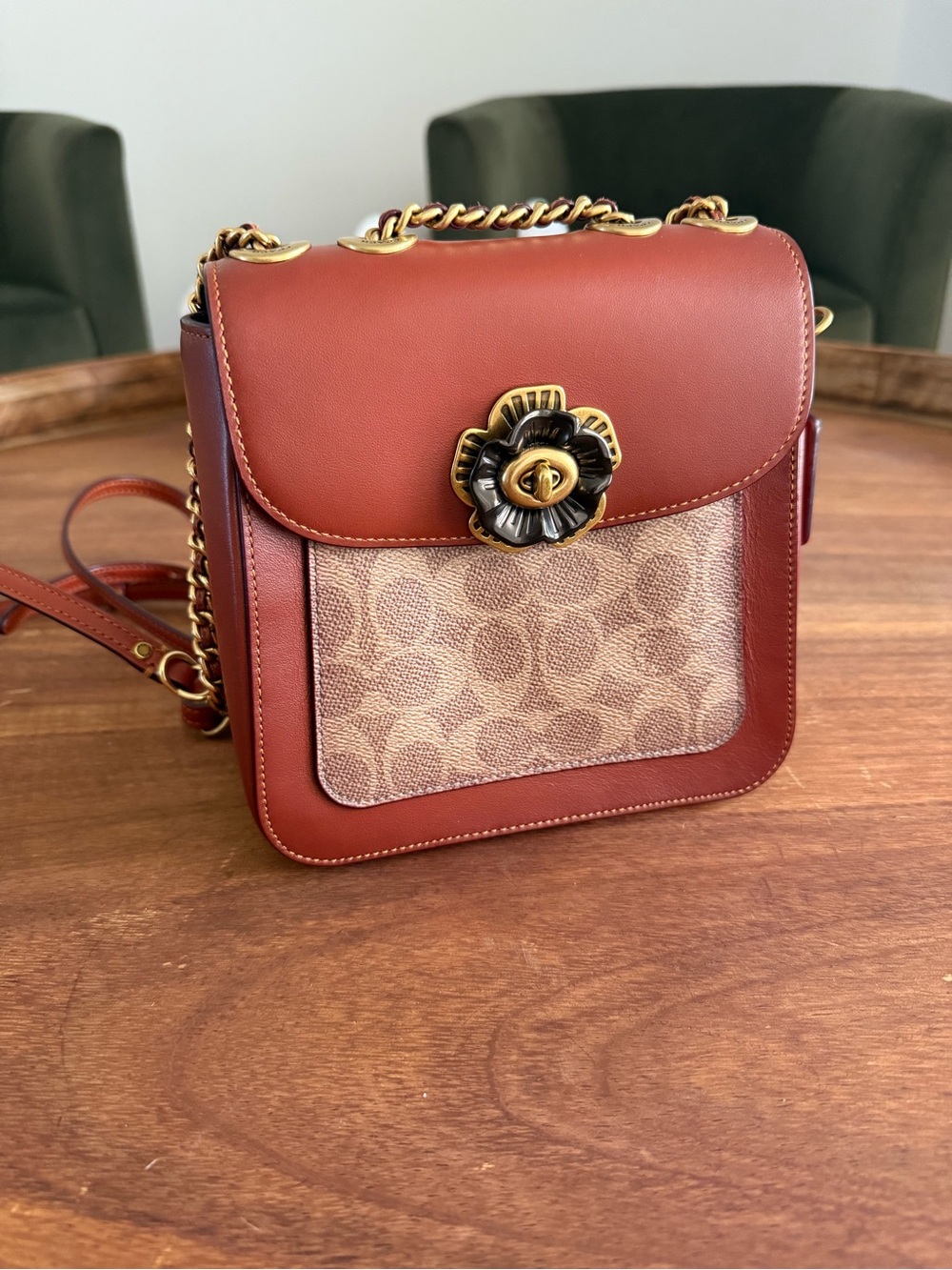 Coach Coral Brown Leather Floral Turnlock Crossbody / Backpack / shoulder